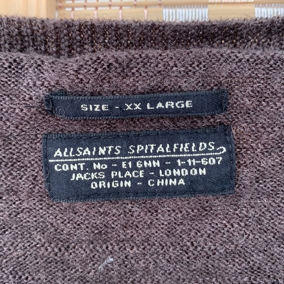 AllSaints Spitalfields Mens Brown Wool V Neck Long Sleeve Pullover Sweater , XXL - Picture 2 of 13